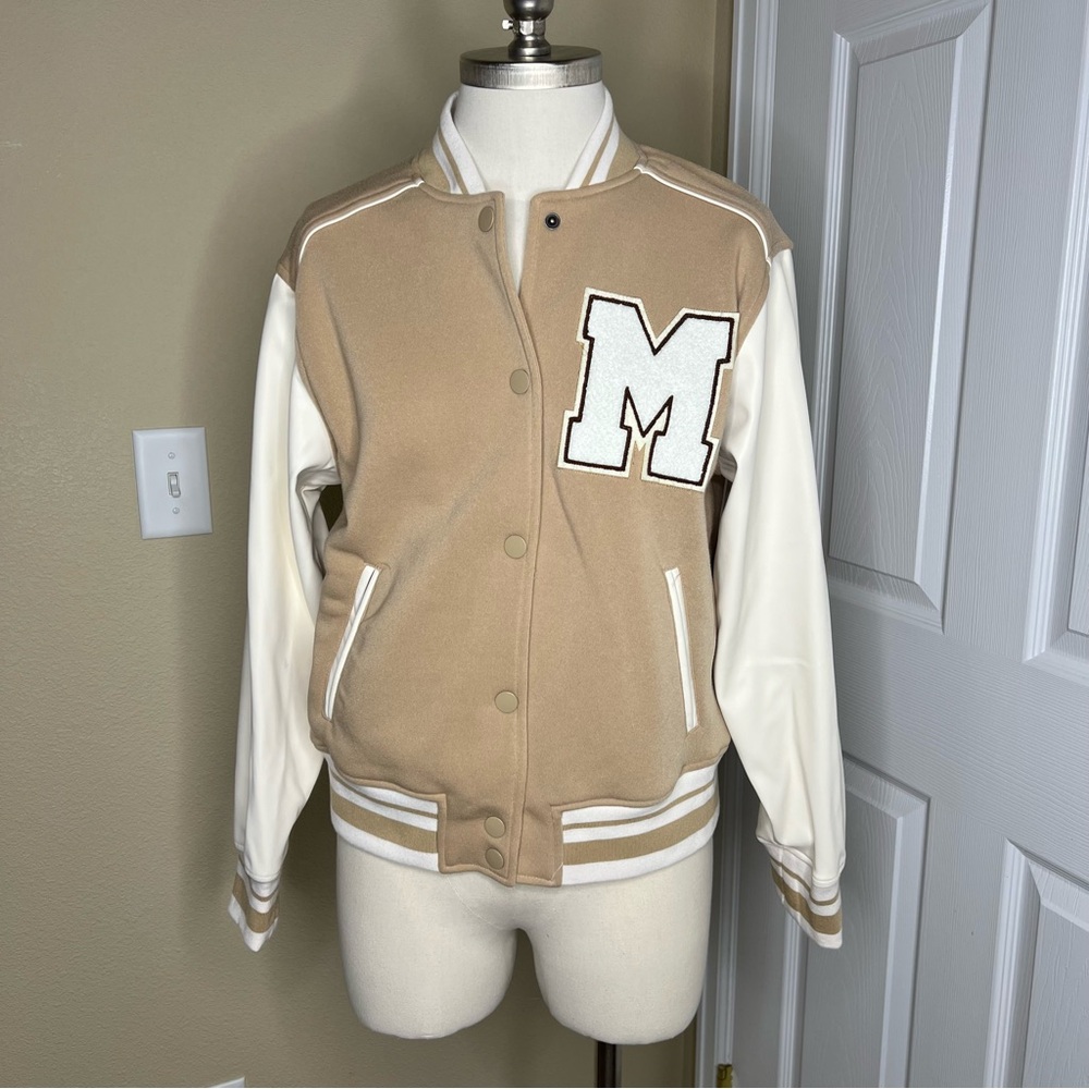 HIPPIE ROSE Faux Leather Sleeve Snap Front Varsity Bomber Jacket